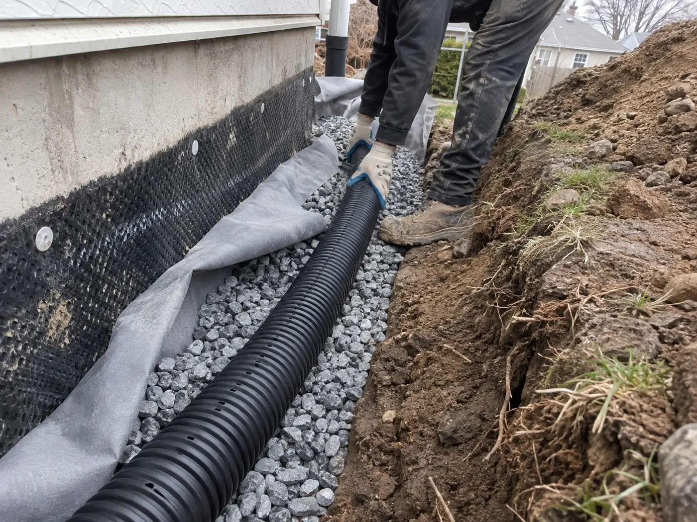Pose d’un drain français au pied d’une fondation